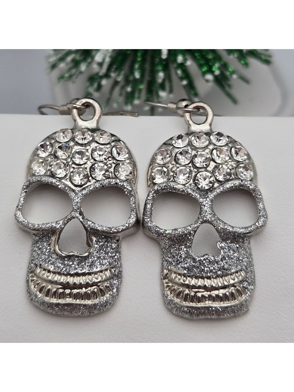 ✨2/$10✨ Silver Tone Crystal Skull Dangle Earrings Gothic Punk Statement